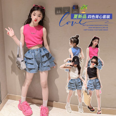 女の子用サマースーツ、新作子供服、おしゃれなノースリーブベスト、中高生向け、おしゃれでスタイリッシュなツーピースセット