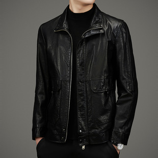 Haining Top Layer Cowhide Leather Men's Genuine Leather Biker Suit Lapel Leather Jacket Cow Wax Leather Jacket Trendy Men's Top