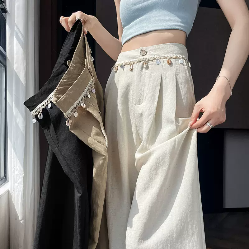 天丝亚麻阔腿裤女夏季高腰窄版时尚百搭棉麻直筒裤显高显瘦拖地裤