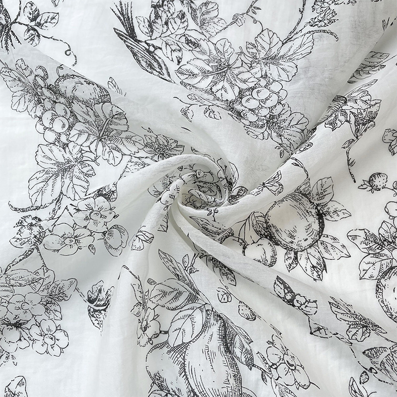 亲肤半透 米色底花鸟植物印花天丝麻面料衬衫旗袍裙子设计师布料