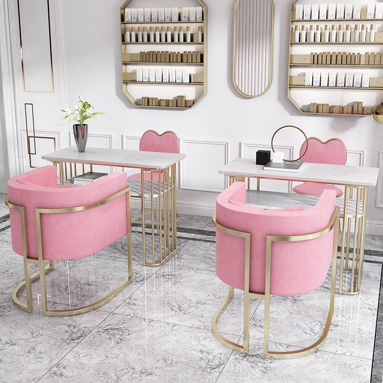 Nórdico de hierro forjado de doble capa de mesa de manicuras de mármol, sofá y silla red, mesa de manicuras de oro para una persona doble