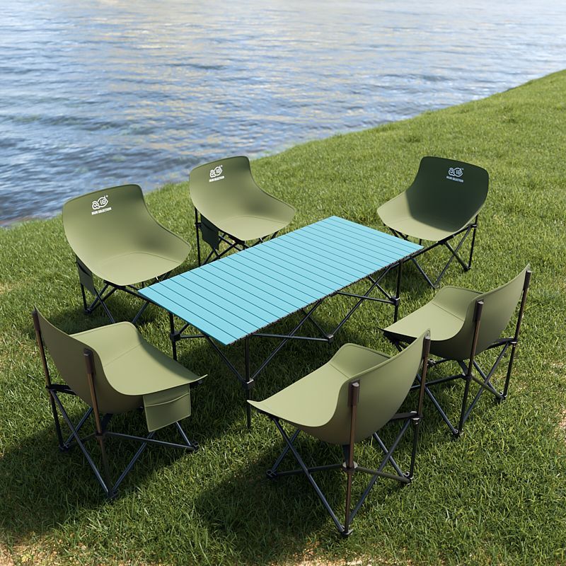 2025 업그레이드 강화모델 + 휴대용 수납벨트 - 블루 [120*55*50cm 긴 테이블] + 라이트그린 의자 6개