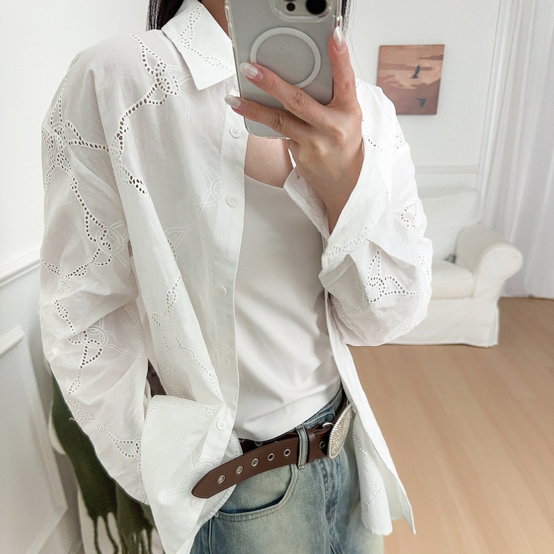 Sw Pure Cotton White Embroidered Shirt for Women 26 Autumn New Loose Breathable Top S3Cs017 Sw Pure Cotton White Embroidered Shirt for Women 26 Autumn New Loose Breathable Top S3Cs017