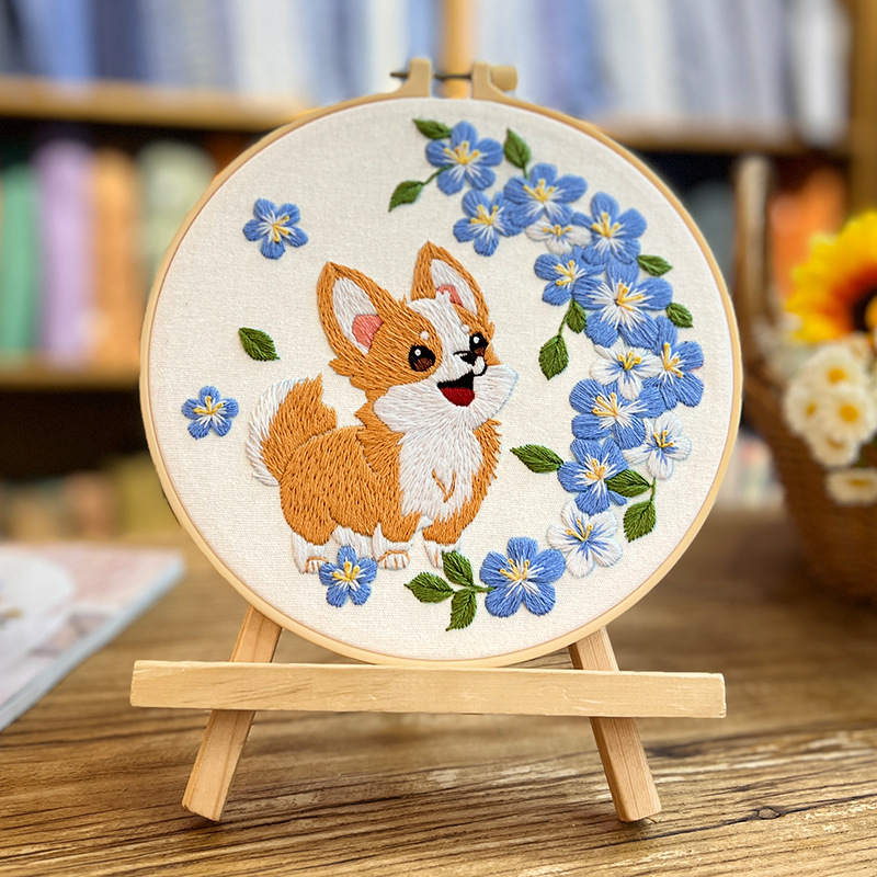 Cachorro de dibujos animados pintura colgante paquete de material de bricolaje bordado a mano flores y plantas de estilo europeo animales pintura pequeña en inglés pintura simple Lu bordado pintura