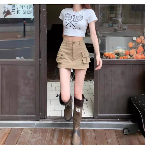  Summer Slimming American Style Skirt High Waist A-Line Short Skirt in Khaki Denim for Girls