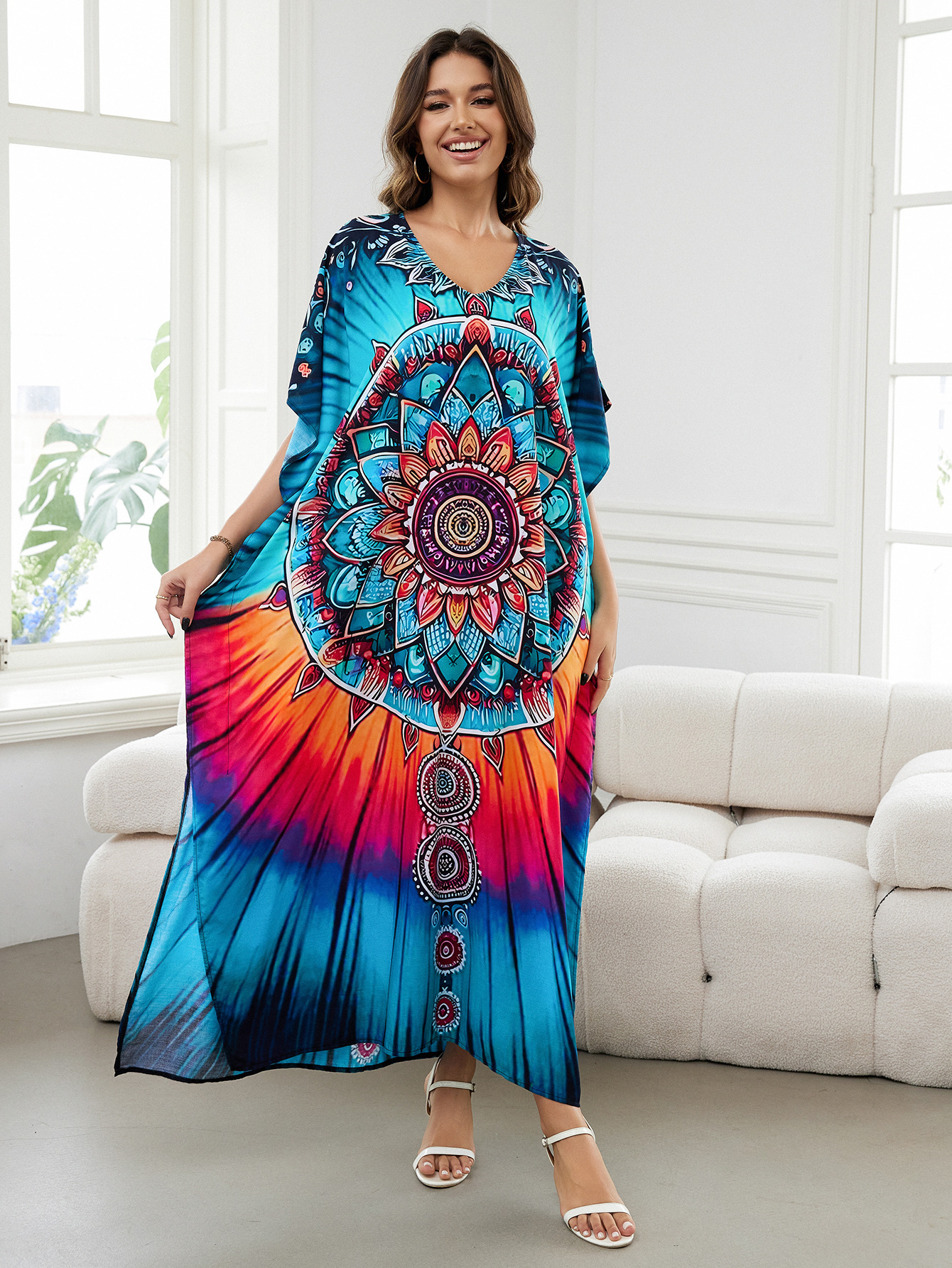 Rochie de plajă lungă kimono dama boho viscoză tie-dye_voghion.com