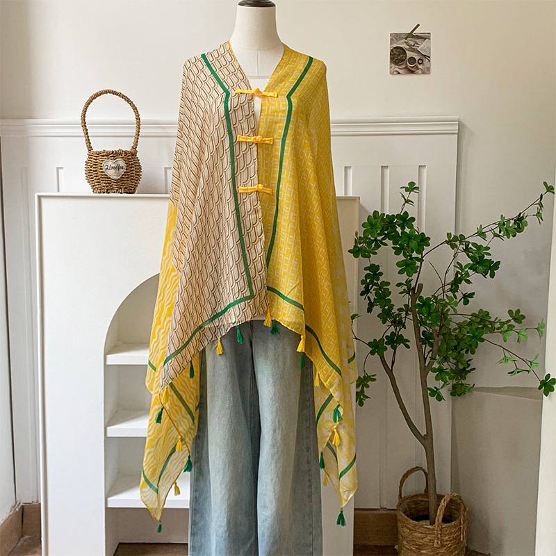 Chal de protección solar, hebilla de disco retro para mujer, foto de viaje de verano, capa de todo fósforo, bufanda fina, bolso de moda, pañuelo en la cabeza