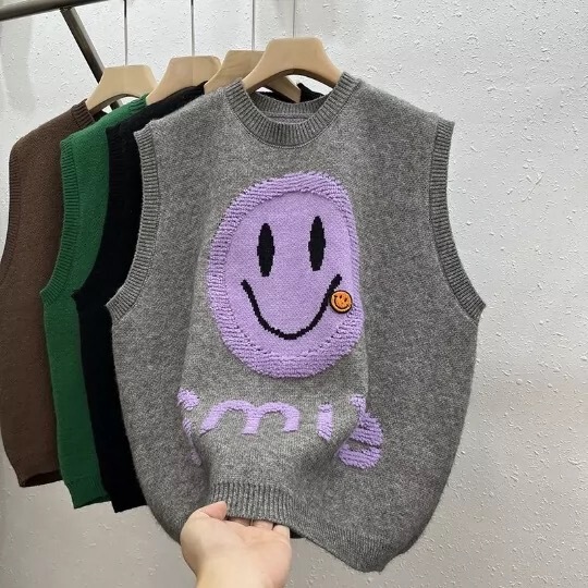 Autumn and Winter smiley face Sweater Vest Women's 2023 loose Korean style sleeveless lazy style pullover sweater autumn and winter women's