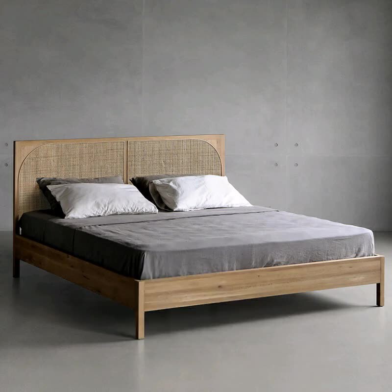 Modern minimalist solid wood bed Japanese style rattan bed 1.8 master bedroom double bed B & B retro 1.5 furniture