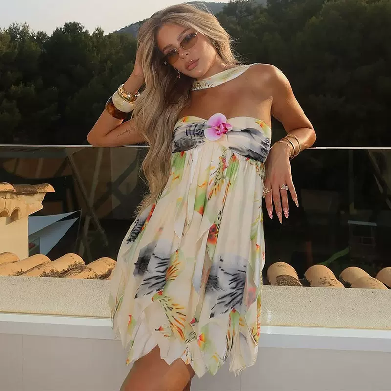 欧美女装2025秋季新款性感挂脖露背网纱拼接花朵装饰中长上衣T恤