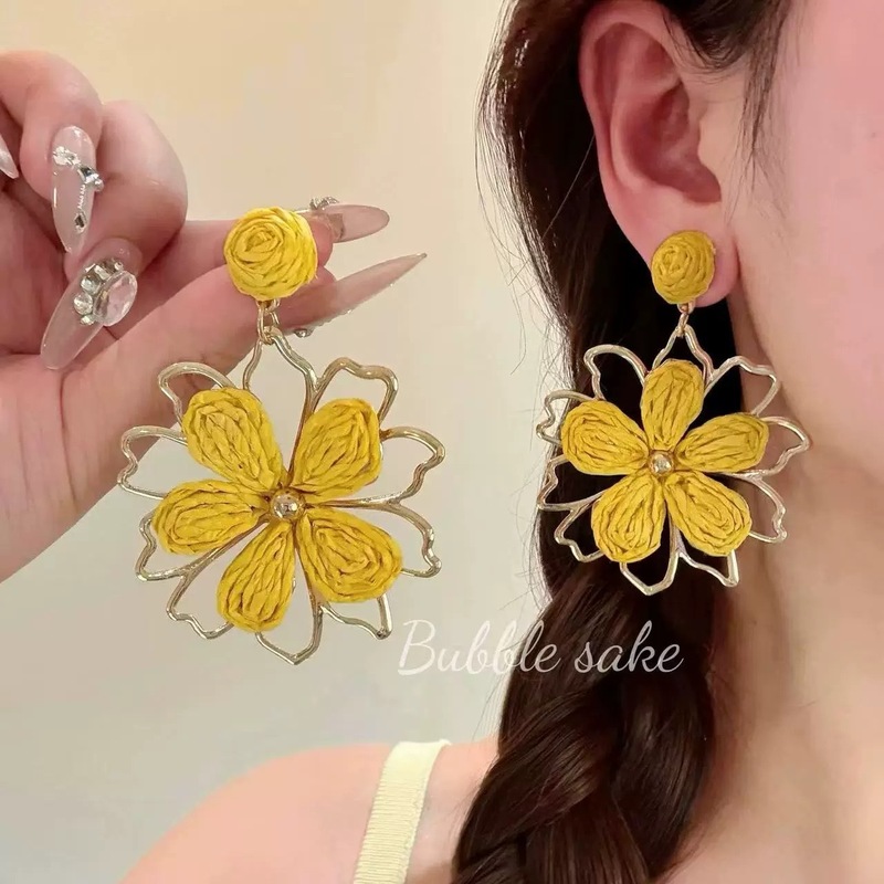 シルバーニードルラフィアカラフルな太陽の花のイヤリング夏の海辺の休暇スタイルのイヤリングファッショナブルで甘くて新鮮なイヤリング|undefined