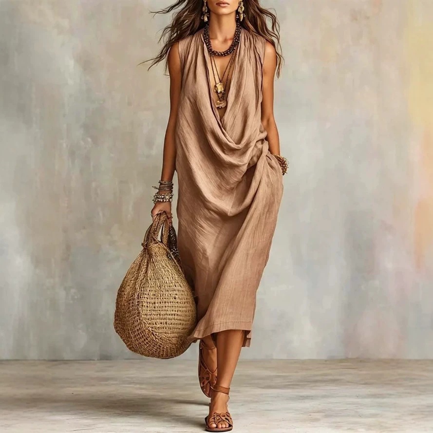 2026 European and American Cross-Border Amazon Women's Casual Sleeveless Loose Swing-Neck Beach Vacation Style Dress