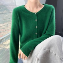 山羊绒新款秋冬百搭开衫女圆领外穿针织毛衫时尚羊毛上衣打底外套