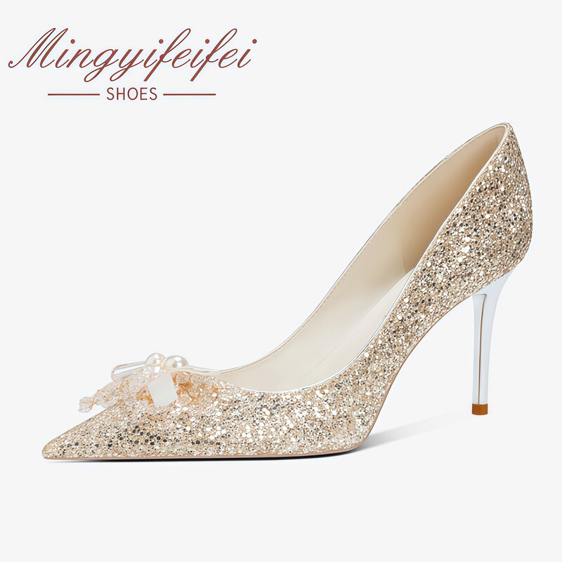 Plus-Size Women's Shoes Size 34 to 43, High Heels, Stiletto, Pointed Toe, Extra Wide, Wedding Shoes, Bridal Shoes, Wedding Banquet Bowknot Single Shoes