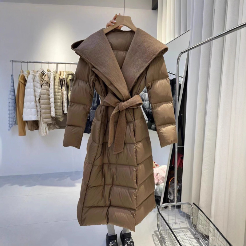 秋冬新款羽绒服双面羊绒拼接长款外套潮显瘦系带女保暖外套|undefined