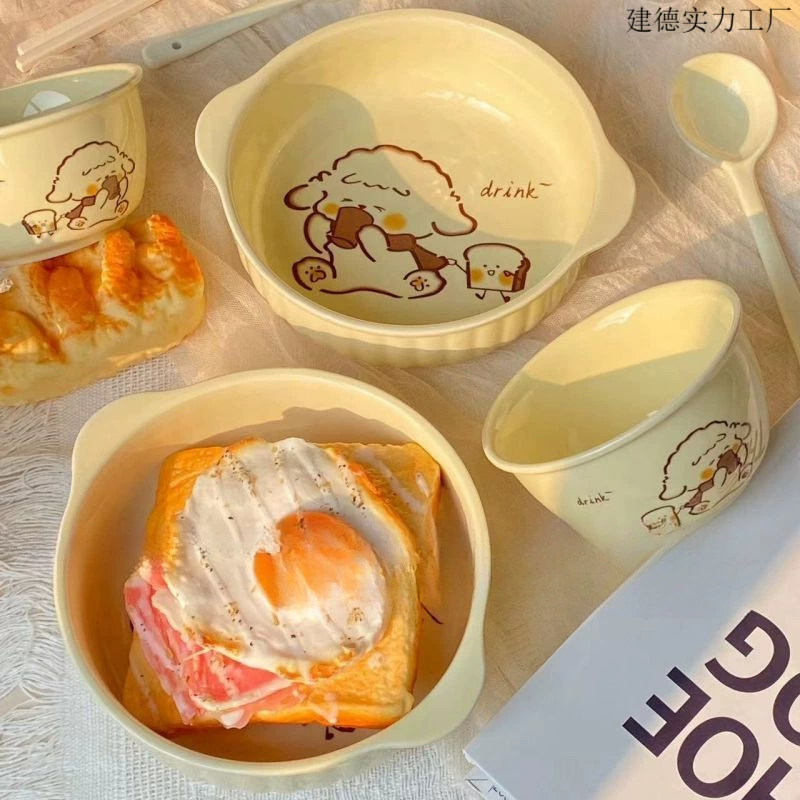 Milk FUFU ceramic glaze color double ear bowl, one -person foodie with tableware set with a spoon chopstick dormitory foam noodle bowl bowl