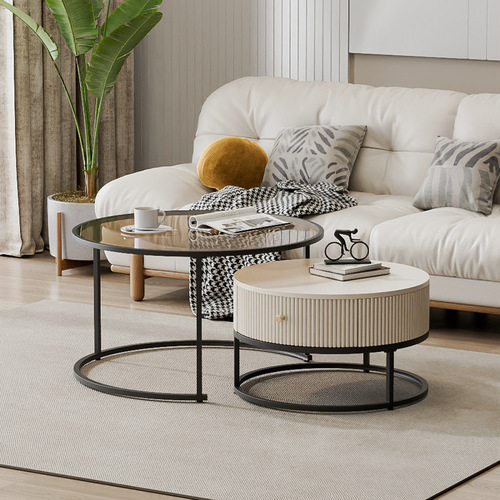 Small apartment retractable double coffee table simple slate drawer storage table cream style brown glass round table combination