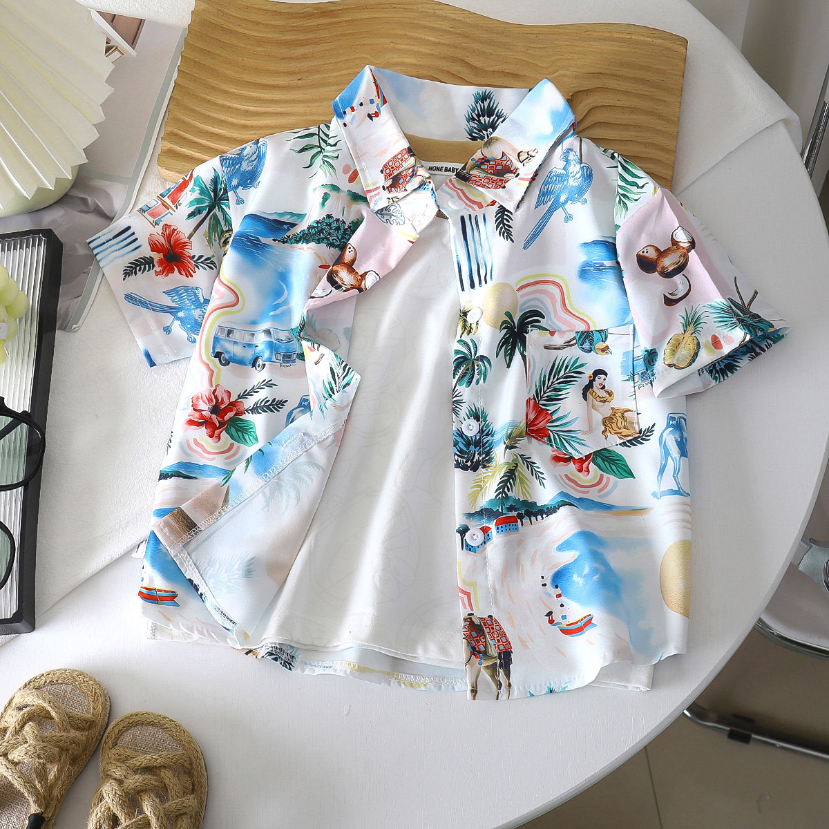 Verano bebés vacaciones de viento impresión puerto viento de manga corta suelta camisa para niños camisa para niños