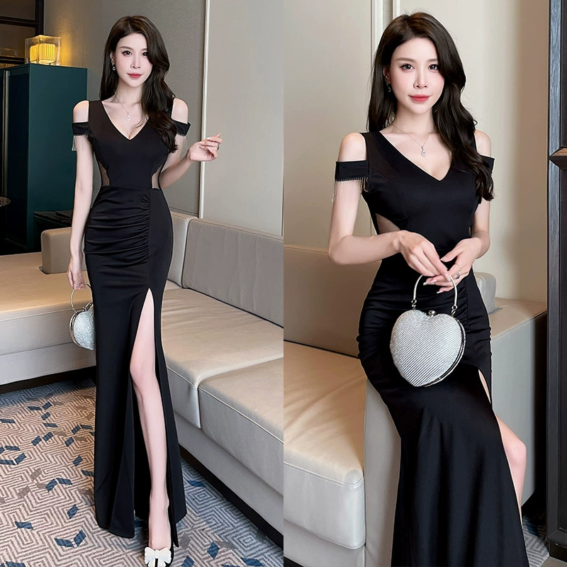 Ночное шоу Мисс КТВ Сексуальное платье Женская сауна Техник Глубокая V Сетевая пряжа Полное вечернее платье ночного клуба