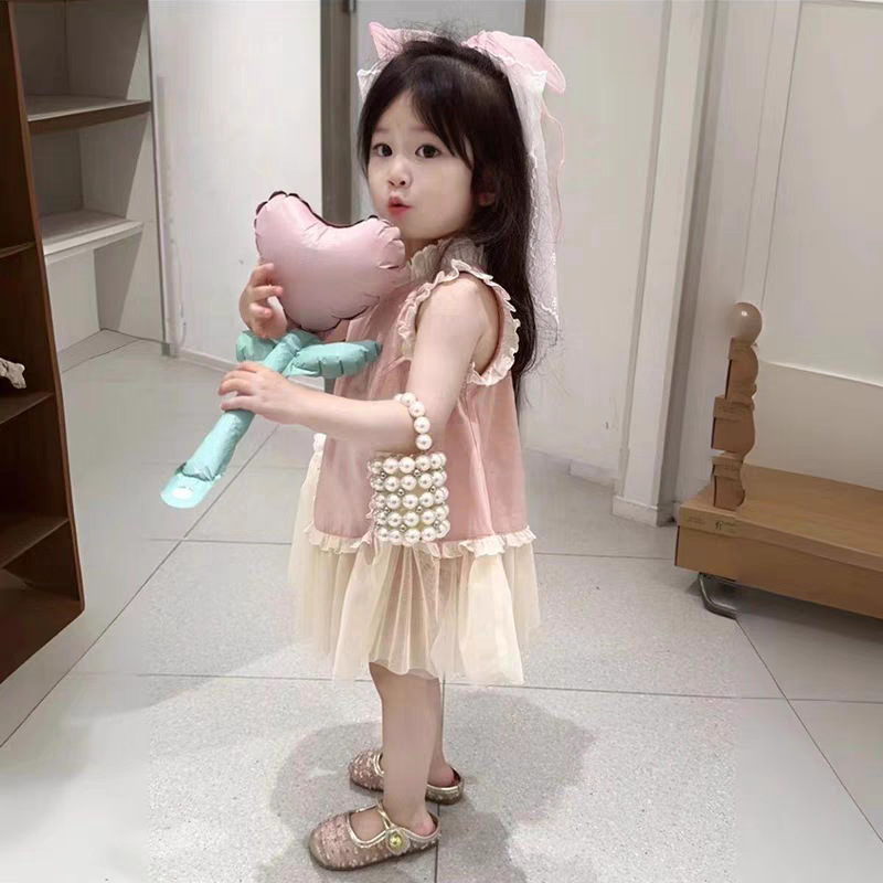 Vestido azul de estilo occidental con orejas de madera para niñas, vestido de chaleco sin mangas para niños pequeños y medianos, vestido de verano de encaje dulce