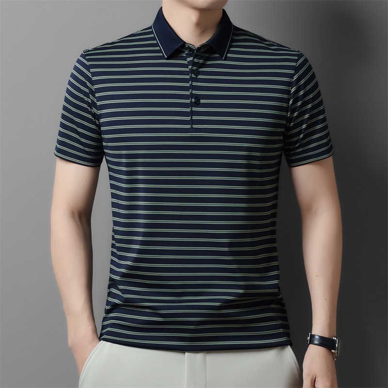 2026 Silk Short-Sleeve T-Shirt for Men with a Turn-Down Collar, Made of Mulberry Silk, Suitable for Middle-Aged Business Wear, Loose-Fitting Striped Mulberry Silk Tee 2026 Silk Short-Sleeve T-Shirt for Men with a Turn-Down Collar, Made of Mulberry Silk, Suitable for Middle-Aged Business Wear, Loose-Fitting Striped Mulberry Silk Tee