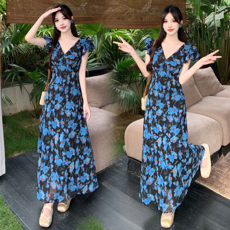 Blue Daisy Floral Holiday Dress Summer V-Neck Waist-Cinching Slimming Short-Sleeve European Style Plus-Size Women's Long Dress