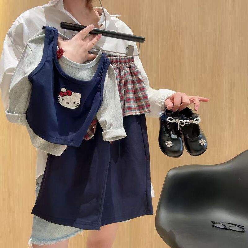 女童秋季新款时尚百搭休闲韩版时髦吊带打底长袖阔腿裤三件装套装|undefined