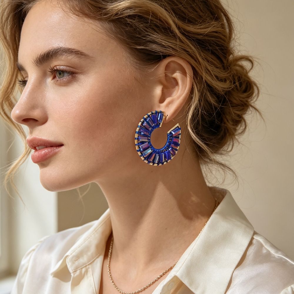 Vintage C-ring handmade crystal earrings, high-end statement earrings, European and American holiday style large earrings