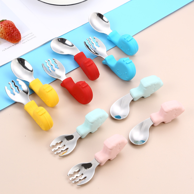 Cuchara DE LOS NIÑOS Tenedor 316 Acero inoxidable cuchara Tenedor vajilla traje de almacenamiento bebé aprendiendo a comer dibujos animados lindo mango corto