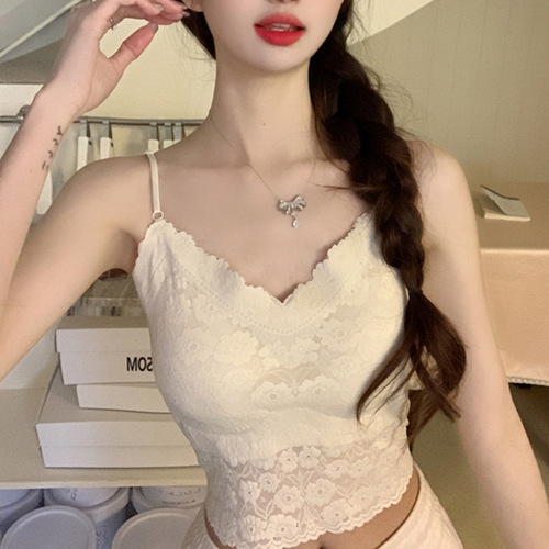 2024 new style lace beautiful back strap breast padded vest ice silk tube top underwear slim fit outer wear inner wear bottoming chest wrap