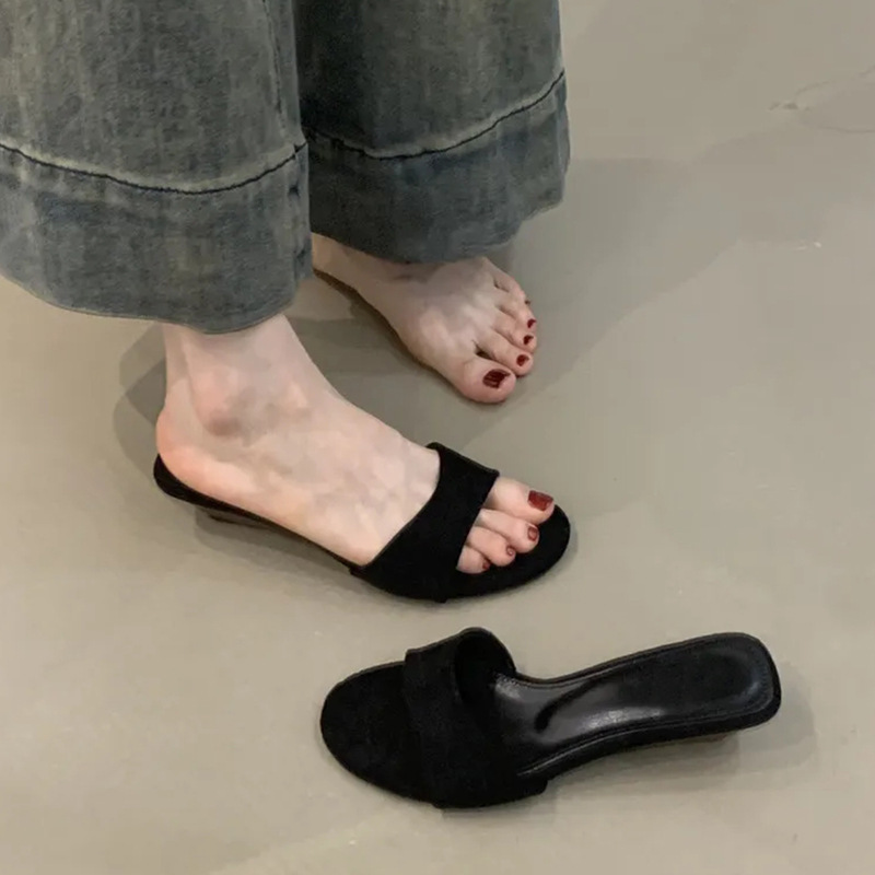 复古绒面小坡跟露趾一字拖鞋女外穿舒适软底一脚蹬凉拖鞋|undefined