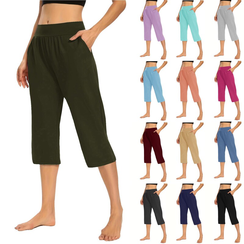 Cross-Border European and American Fashion New Style Sports Pants Yoga Pants Solid Color Elastic Waist Pocketed Capri Pants Women's Leggings