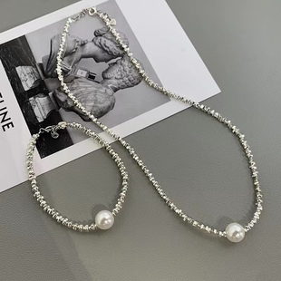 Hot ins Wind broken silver natural pearl necklace bracelet 11-12mm Edison s925 silver pearl set