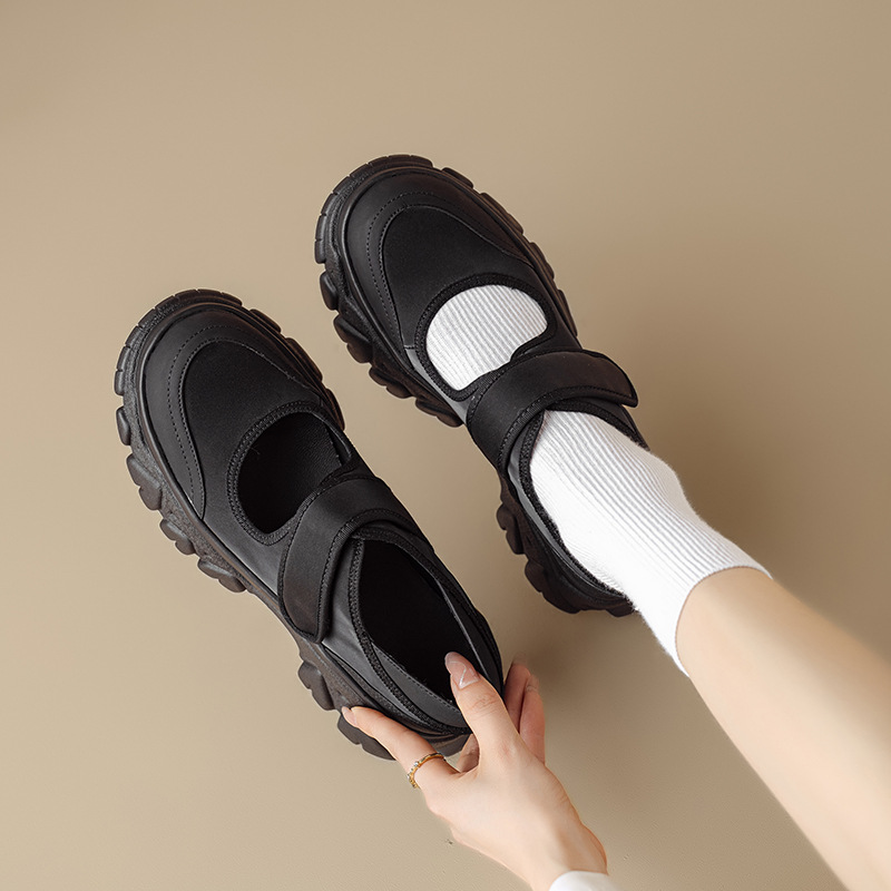 Giày Mary Jane nữ đế dày da thật quai ngang khóa Velcro — Đen + lưới, Đen + vải lụa