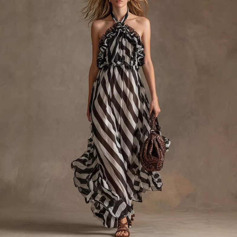 2026 Amazon New Summer Vacation Style Black and White Striped Long Strap Dress