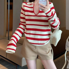 红色条纹翻领针织长袖t恤女2025新早秋款宽松休闲慵懒v领撞色上衣