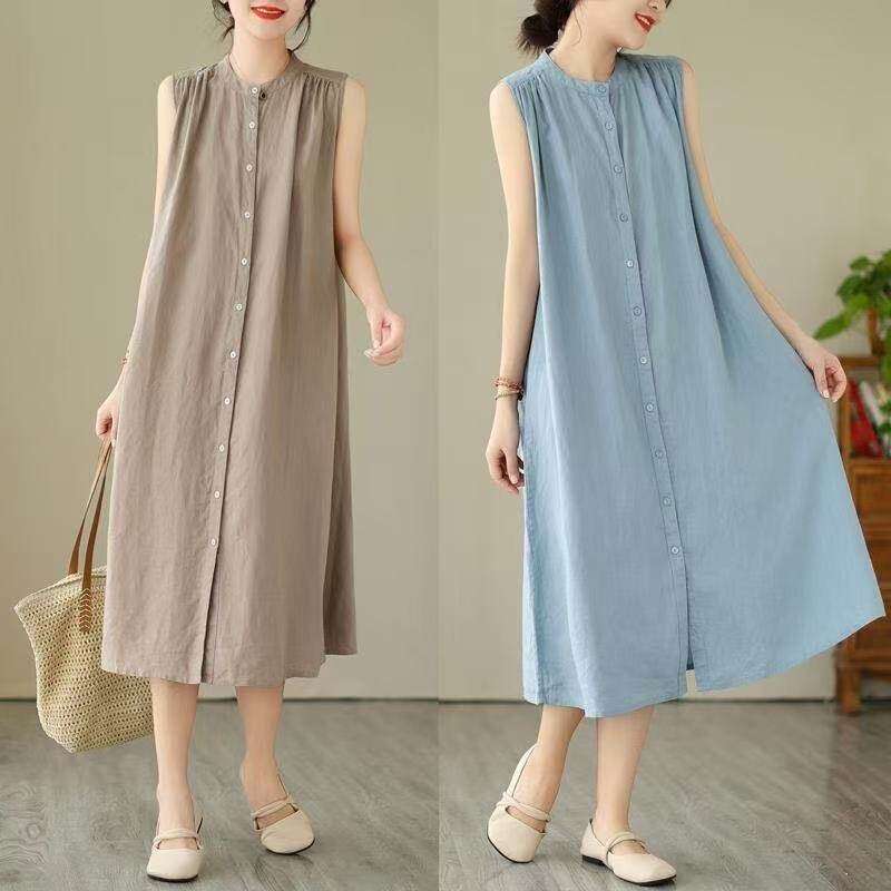 Solid Color Sleeveless Cotton-Linen Shirt Dress for Women, Summer 2026, Elegant and Slimming, Loose Casual Solid Color Mid-Length Dress Solid Color Sleeveless Cotton-Linen Shirt Dress for Women, Summer 2026, Elegant and Slimming, Loose Casual Solid Color Mid-Length Dress