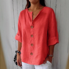 亚马逊2025跨境欧美夏季新款外贸宽松衫女士V领棉麻纽扣T恤上衣女