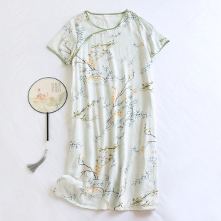 Bamboo Cotton Nightgown Women's Summer Loose plus size Bamboo Fiber Double Gauze National Style Pajamas Women's Spring and Summer Home Dress