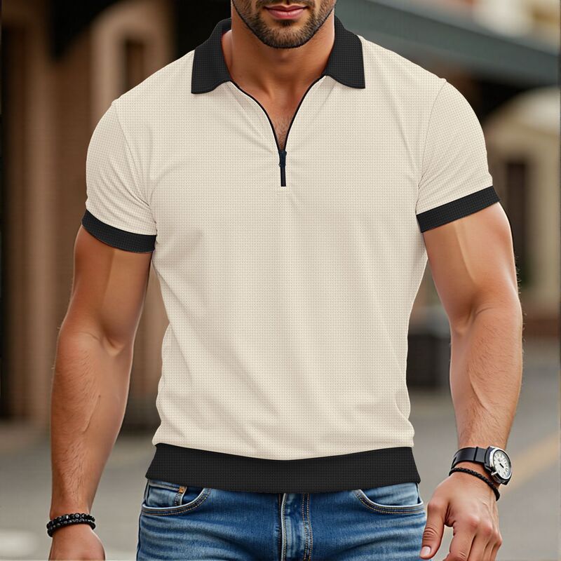 Amazon Cross-Border Men's Casual Spring and Summer 2025 Polo Shirt European and American Zipper New Color Matching Short-Sleeved T-Shirt Top