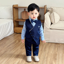 源头工厂欧美春秋长袖宝宝衣服儿童带马甲绅士礼服三件套男童套装