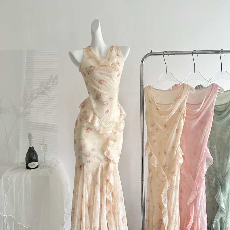 Normany White Sweetheart Floral Mermaid Strapless Floral Dress Long Slim-Fit Dress Diagonal Cut Mermaid Skirt
