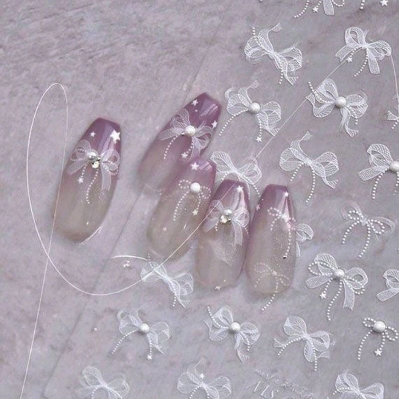 New Lace Bow Nail Art Stickers Stereo Relief White Ribbon Crystal Diamond Pearl Popular Nail Decoration Stickers