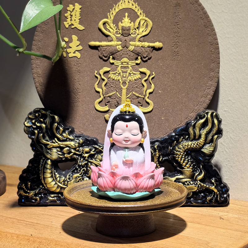 Estación de trabajo creativa Adoración a la estatua de Guanyin Buda Pequeño Dios de la riqueza Mesa de automóviles Pequeños adornos Guozhao Meditación Regalo de curación