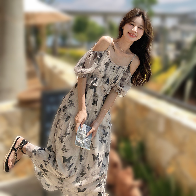 Papaya Milk Summer New Arrival Korean Style Fashionable Elegant Sling Shoulder Butterfly Print Two-Wear Long dress Trendy Papaya Milk Summer New Arrival Korean Style Fashionable Elegant Sling Shoulder Butterfly Print Two-Wear Long dress Trendy