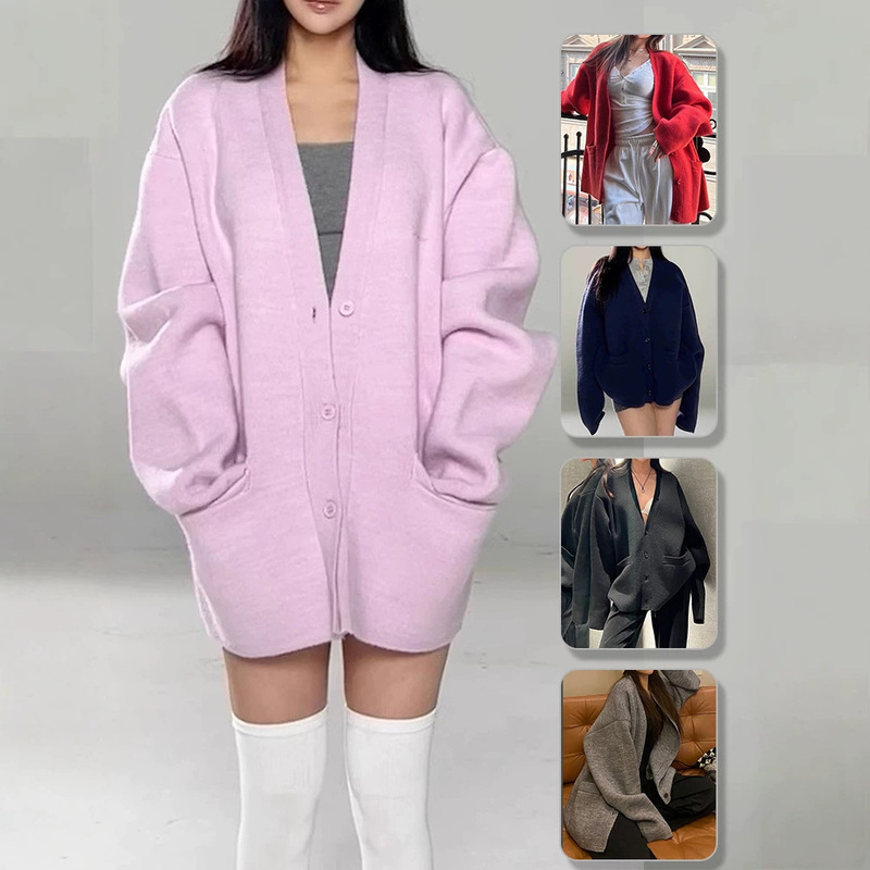 In-Stock Black Thick V-Neck Knitted Cardigan Top, Vintage Oversized Lazy Sweater, Long-Sleeve Coat