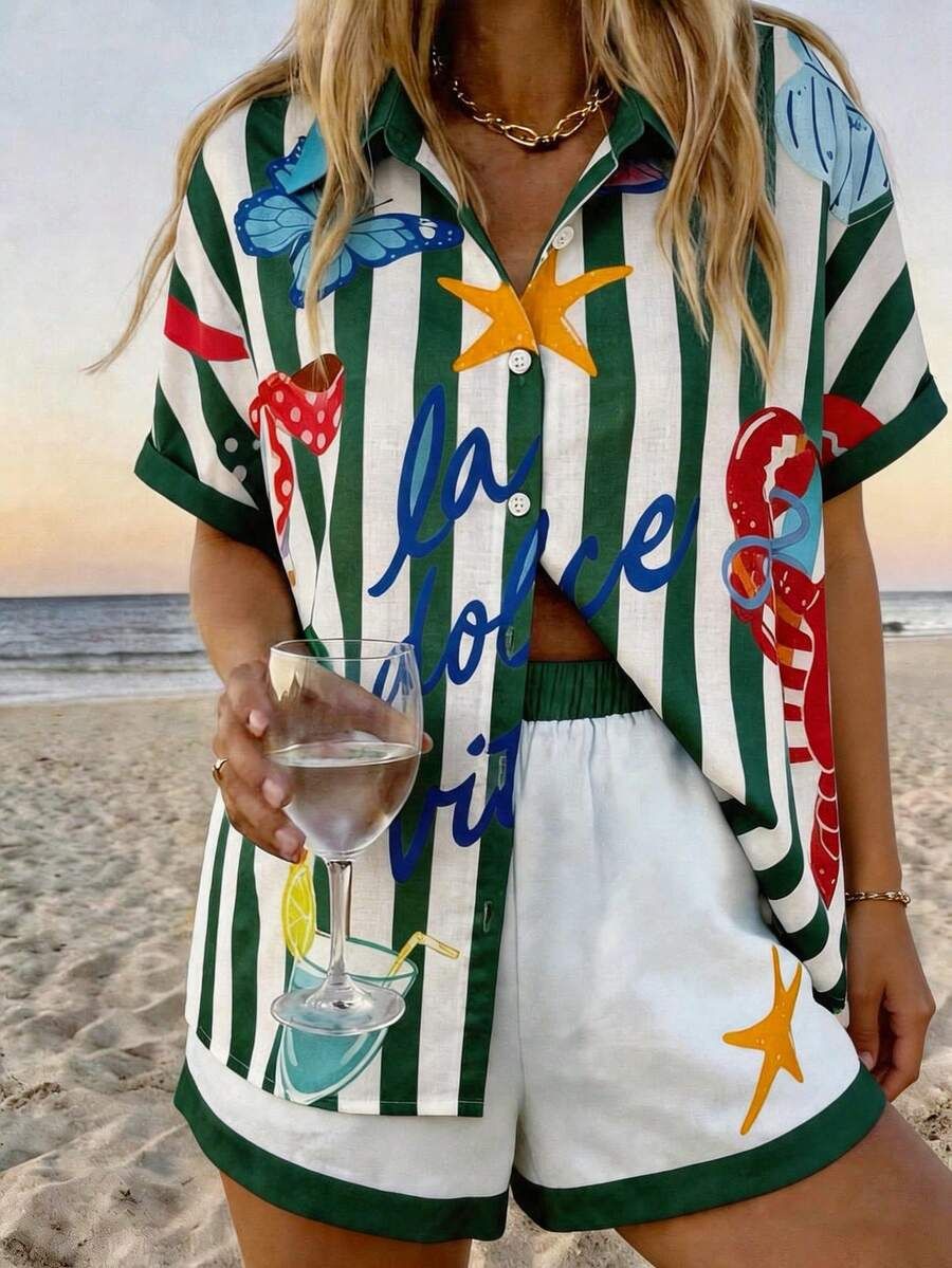 Sommarset med blommig skjorta och shorts för kvinnor_voghion.com