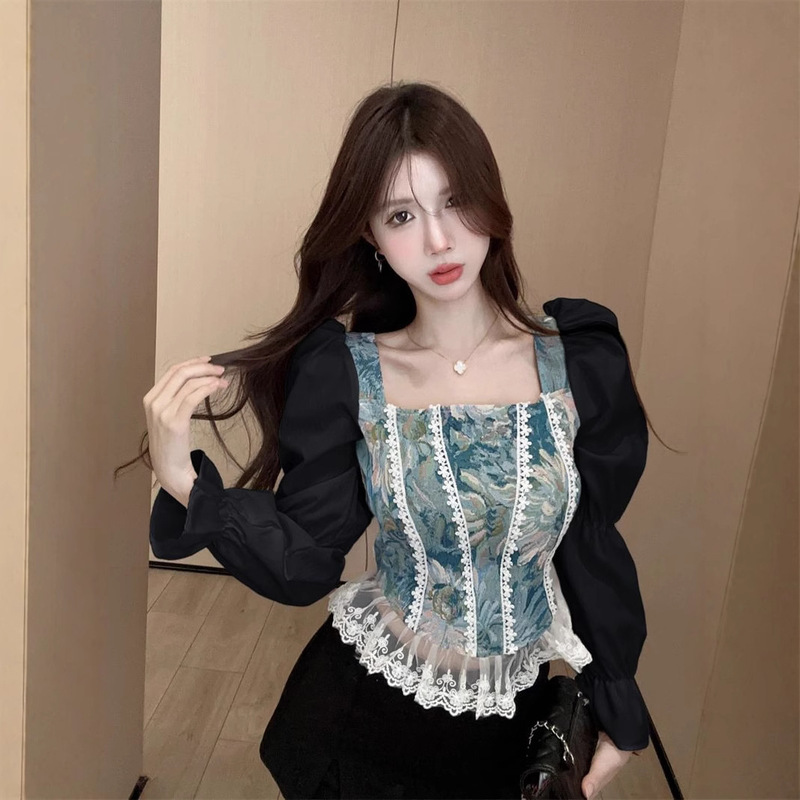 French Vintage Fish Bone Jacquard Short Shirt Top Women's Contrast Puff Sleeve Stitching Lace Shirt