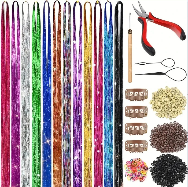 12가지 색상 + 나무 코바늘 + 빨간 펜치 + 헤어 컬러 + 갈색 BB 클립 4개 + 고무줄 100개 + 흰색 50개 + 갈색 50개 + 검정색 50개 + 사용 설명서