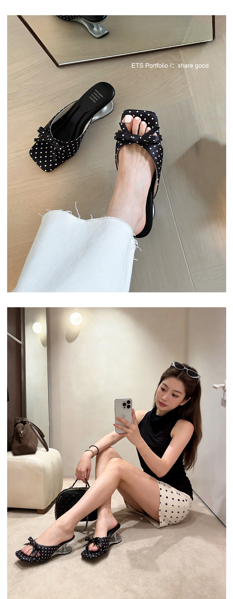Sandal cao gót nữ mũi vuông hở ngón, đế xuồng chấm bi nơ bướm, gót 6 cm — màu đen, màu trắng ngà, màu mơ chi tiết 16